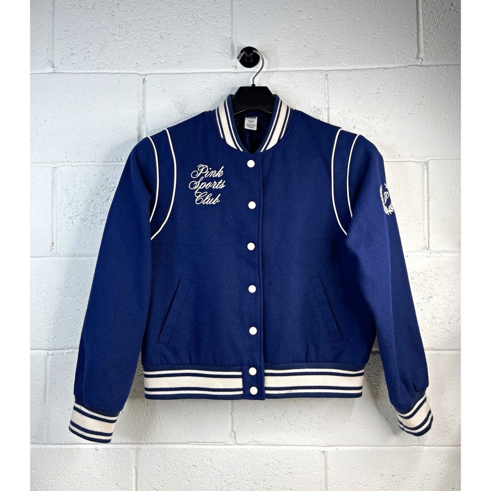Victoria's Secret PINK Sports Club Varsity Jacket Navy Blue White Trim Size XS